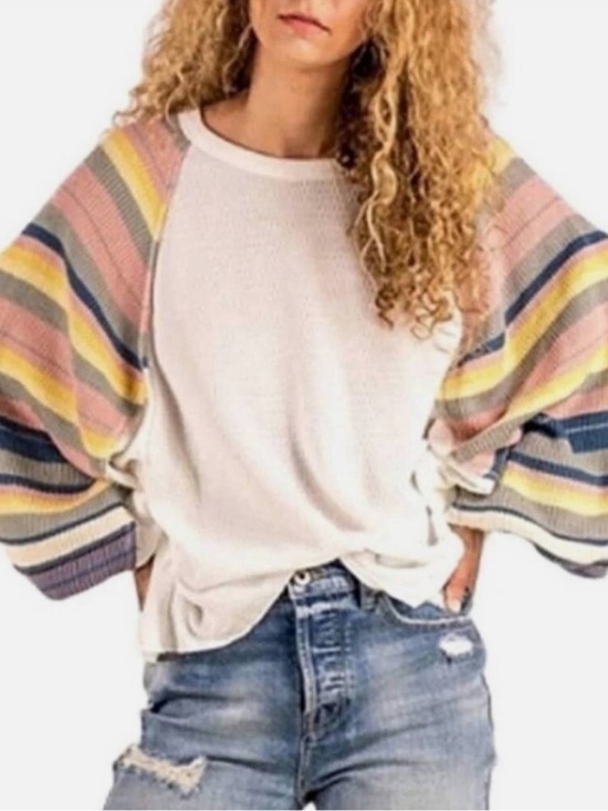 We The Free Sweaters - We The Free Textured White Top Multicolor Striped Sleeves XS summer sweater